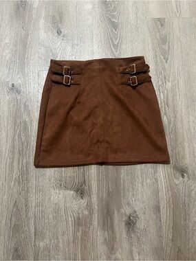 iris Brown Suede-Look Mini Skirt with Double Buckles